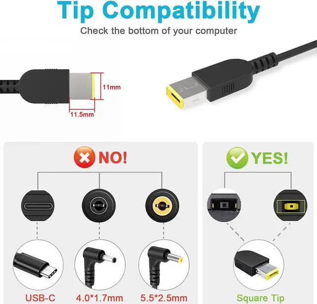 Alt view image 3 of 7 - 20V 3.25A 65W AC Adapter Laptop Charger Compatible for Lenovo Thinkpad T470 T470S T460 T460S T440 T440S T430 T540P T560 T450 E450 E460 E540 E550 E560 E570 G50 Z50 Z70;Ideapad U430 Power Supply Cord