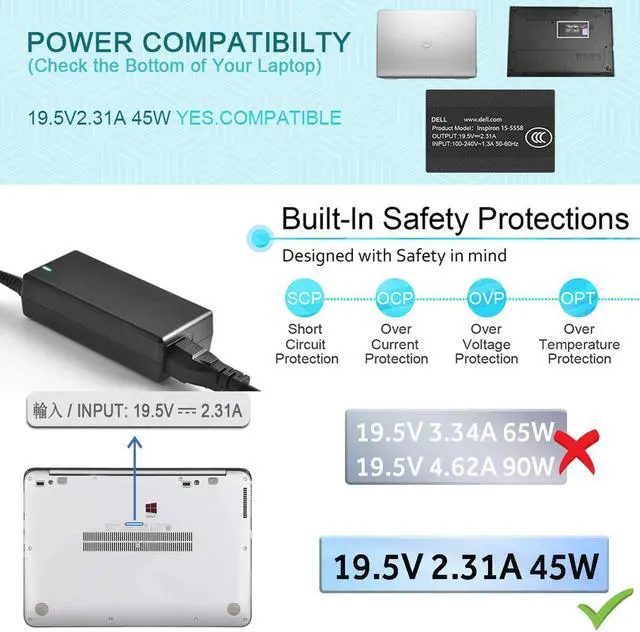 Alt view image 5 of 7 - Laptop Charger for Dell Inspiron XPS 45W 19.5V 2.31A Power Supply AC Adapter Compatible with Dell Inspiron 15 5000 5555 5558 5559 3552, XPS 11 12 13 Ultrabook, HA45NM140 DA45NM140 LA45NM140 HK45NM140