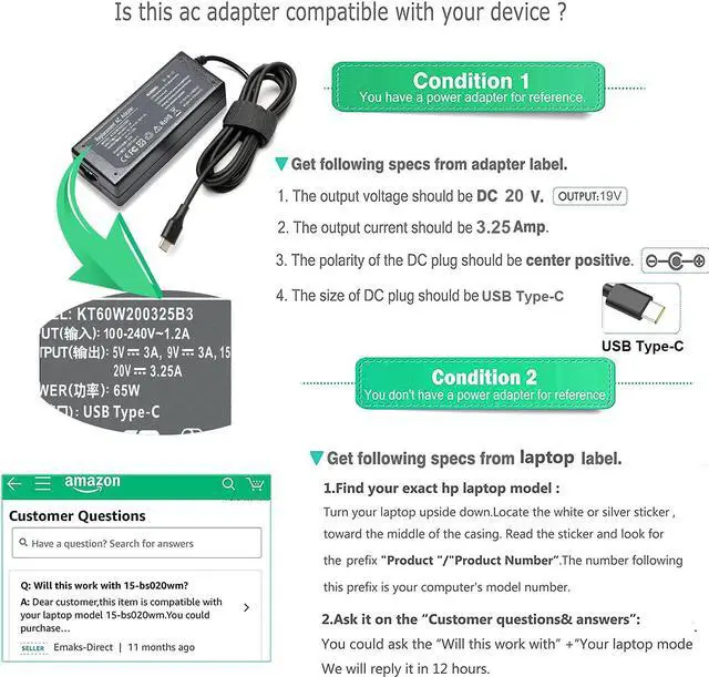 Alt view image 4 of 6 - 65W USB Type C AC Charger DA65NM190 for Dell Chromebook 3100 3300 3500 5190 2 in 1 Power Supply Adapter Cord