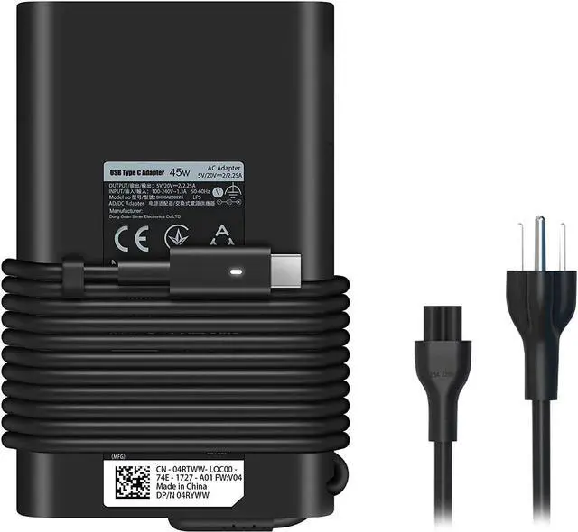 Alt view image 4 of 7 - 45W watt USB Type C AC Adapter for Dell XPS 13 9333 9Q33 9370 9360 9350 9380,Latitude 5490 7490 5500 5590 2-in-1 LA45NM150 LA65NM170 0HDCY5 USB-C Power Supply Cord