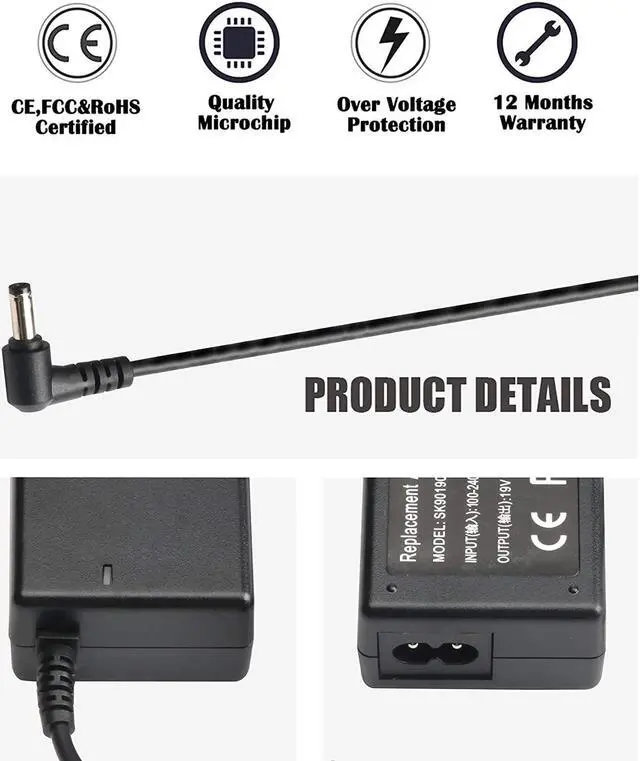 Alt view image 2 of 7 - 19V Power AC Adapter for HP-Pavilion 20" 21.5" 23" 23.8" 25" 27" IPS LED HD Display Monitor Series 27 27xw 27xi 27er 23es 27es 25 24ea 25xw 25bw 25xi 22cwa 23xi 23bw 20xi Power Cord Charger