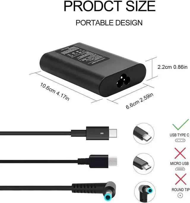 Alt view image 3 of 7 - 65W 45w USB C Laptop Charger for DELL Latitude 7370 7275 7400 7300 5290 3400 3500 Latitude 5290 7390 5285 5179 2-in-1,XPS 13 9350 9370 9250 9365 Type-C AC Adapter/Power Supply