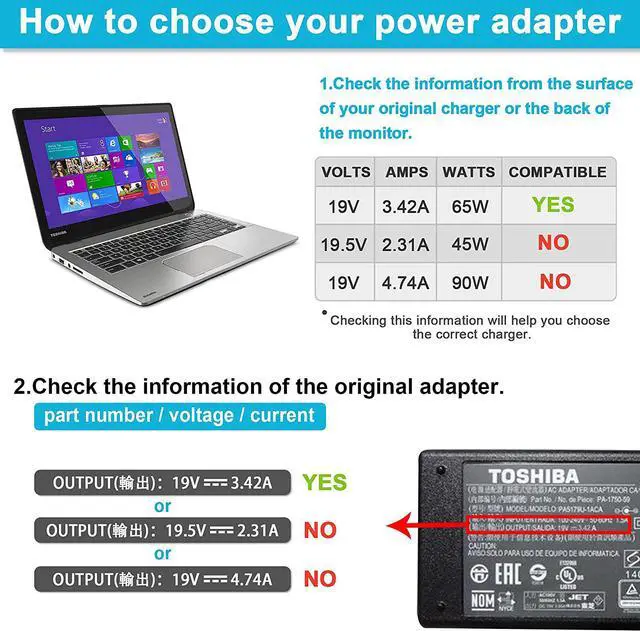 Alt view image 3 of 7 - AC Adapter Laptop Charger for Toshiba Satellite C55 C655 C850 C50 L755 C855D L655 L745 P50 C55D S55;Toshiba Portege Z30 Z930 Z830 Satellite Radius 11 14 15 DC Power Supply Cord 19v 3.42A 65W