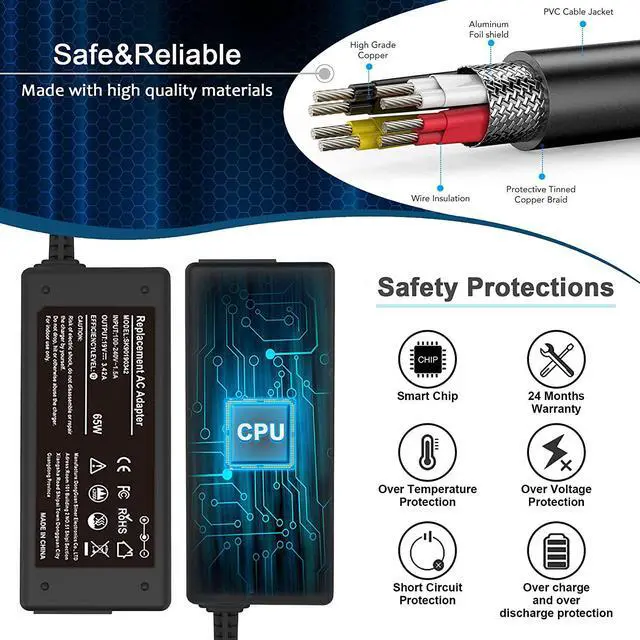 Alt view image 6 of 7 - AC Adapter Laptop Charger for Toshiba Satellite C55 C655 C850 C50 L755 C855D L655 L745 P50 C55D S55;Toshiba Portege Z30 Z930 Z830 Satellite Radius 11 14 15 DC Power Supply Cord 19v 3.42A 65W