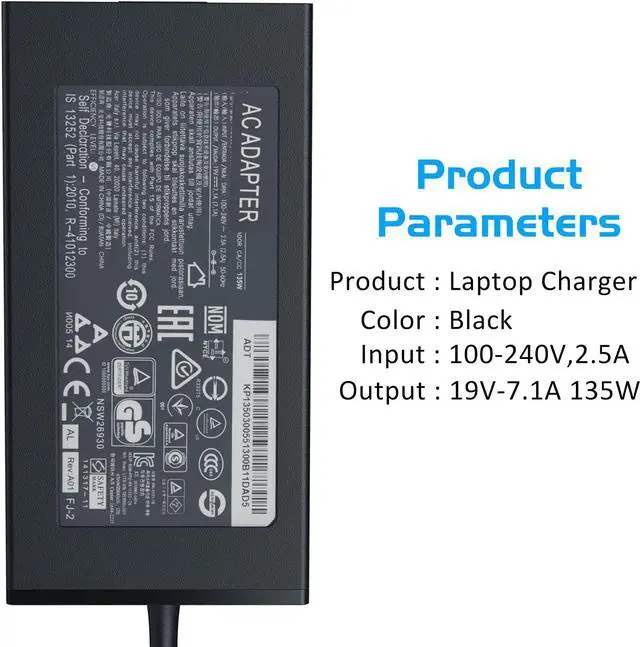 Alt view image 3 of 6 - 135W AC Adapter Charger for Acer AN515 V15 V17 7 Gaming Aspire Z3 23" 23.8" Series Z3-615 Z3-710 Z3-715 Predator Helios 300 Aspire 7 A715 Laptop Adapter Power Supply Cord