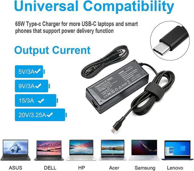 Alt view image 2 of 7 - 65W 45W USB Type C Laptop Charger for Lenovo Chromebook?100e 300e 500e Thinkpad T480 E490 P52s Replacement AC Adapter HP X360 14-CA021NR DELL Latitude 7390 Laptop Power Supply for Asus C213S C213SA