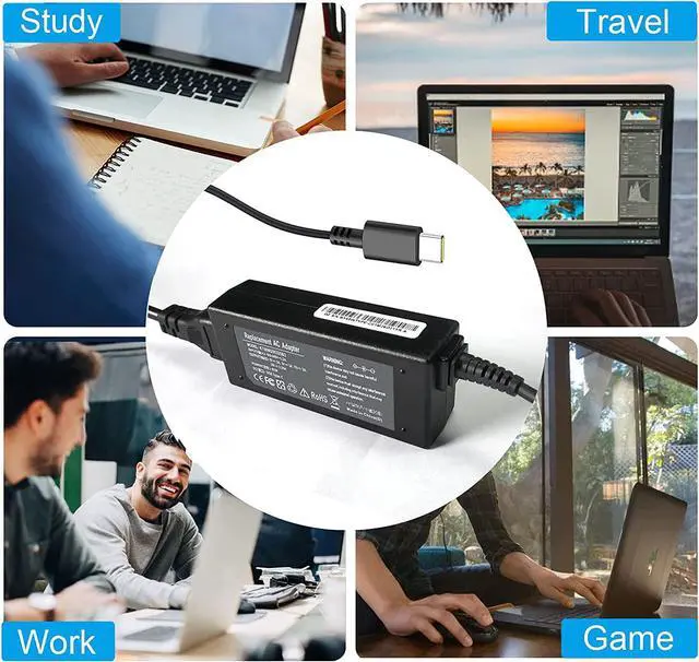 Alt view image 6 of 7 - 65W 45W USB Type C Laptop Charger for Lenovo Chromebook?100e 300e 500e Thinkpad T480 E490 P52s Replacement AC Adapter HP X360 14-CA021NR DELL Latitude 7390 Laptop Power Supply for Asus C213S C213SA