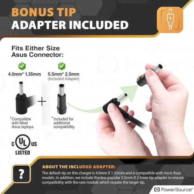 Alt view image 5 of 7 - PowerSource 45W 33W UL Listed 7Ft (Universal-Tip) AC-Adapter-Charger for Asus Vivobook Zenbook Max AD883J20 AD890326 S15 F510 F510Q L203MA J401M F512D Q304U Q505U UX360 Flip Laptop Power-Supply Cord