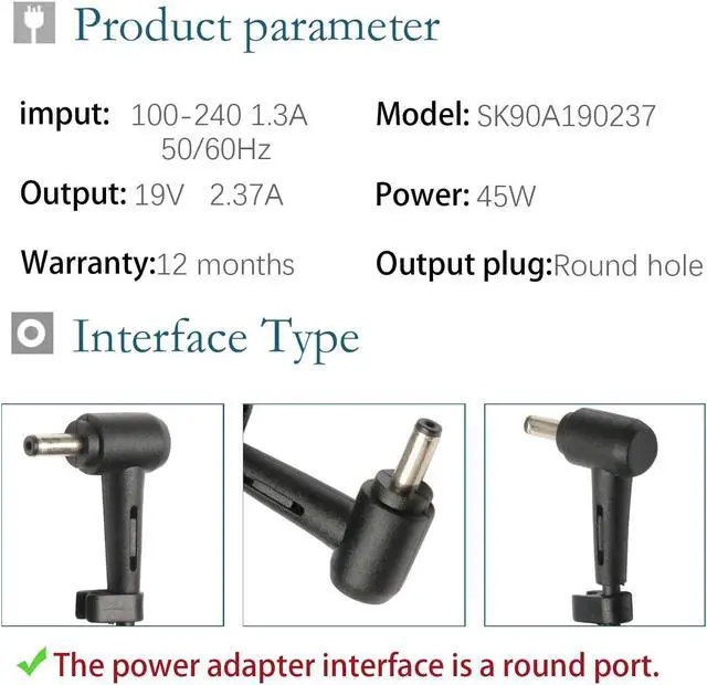 Alt view image 2 of 7 - 45W 33W Laptop Charger for Asus AD883J20 X540S X540L Q302L X553M Q200E UX360C C300M E402MA Q501L Q502L R540N X200CA X541N ZenBook UX305 UX330 UX330U UX360 Power Supply Cord
