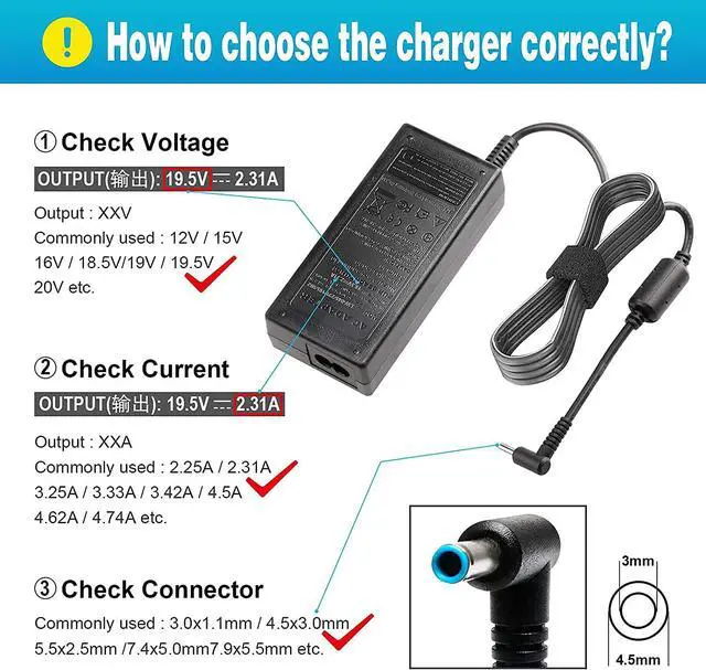 Alt view image 4 of 7 - AC Doctor INC 19.5V 2.31A 4.5x3.0mm 45W AC Adapter Power Charger for HP 741727-001 740015-002 HSTNN-CA40 7400015-001 740015-003 ADP-45WD B