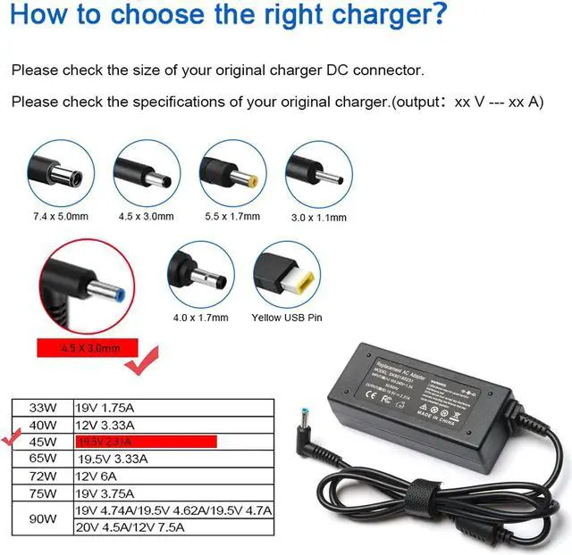 Alt view image 3 of 7 - 19.5V 2.31A 45W AC Adapter Laptop Charger for HP Pavilion 11 13 15 15-f222wm;HP Elitebook Folio 1040 g1;HP Stream 13 11 14 11-d020nr 11-d010wm 11-d011wm 14-z010nr; hp touchsmart 11 13 15;Hp Spectre