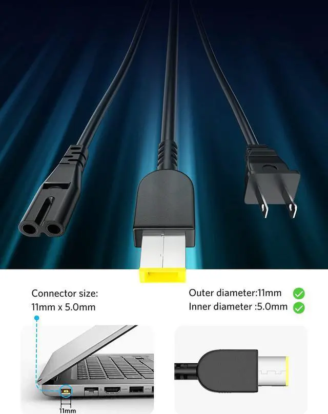 Alt view image 2 of 7 - 65W Laptop Charger 20V 3.25A AC Adapter Fit for Lenovo ThinkPad E440 E450 E550 E560 T430 T440 T440S T440P T450 T460 T460S T540P T560, Yoga 13 11S Yoga 2 Z505 Z580 Power Supply Cord