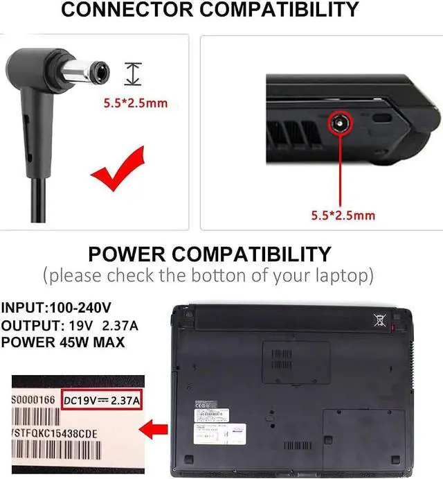 Alt view image 6 of 7 - Dtk 19V 2.37A 45W for ASUS Ac Adapter Laptop Computer Charger Notebook PC Power Cord Supply Source Plug Note:Connector Size: 5.5 x 2.5mm (Not fit 4.0x1.35mm)