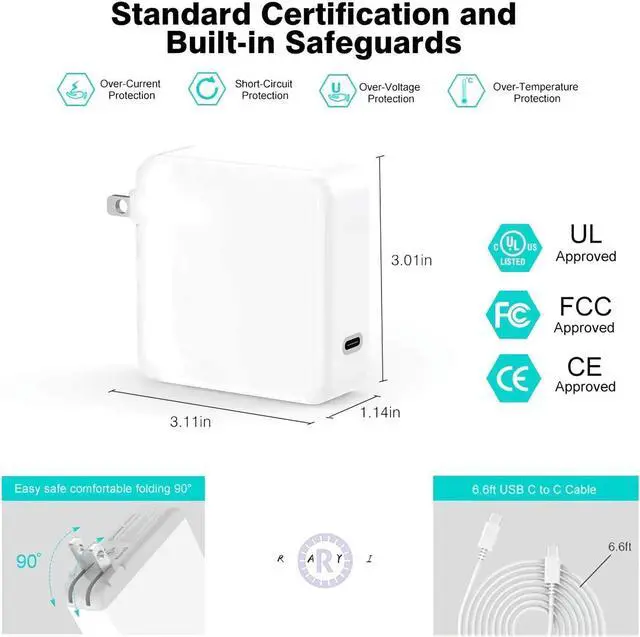 Alt view image 3 of 6 - Replacement Charger for MacBook Pro,96W USB-C to USB-C Ac Adapter Power Charger for Mac Book Pro