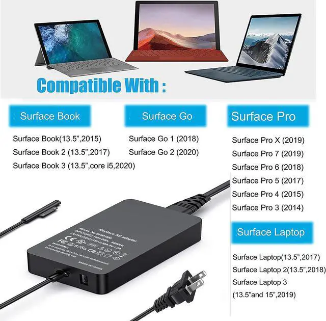Alt view image 3 of 7 - ONELH Surface Laptop Charger, Compatible with Microsoft Surface Power Adapter for Surface Pro 3/4/5/6/7/X, Surface Laptop 2/3/4, Surface Go 2, Surface Book 2, Surface Laptop Go