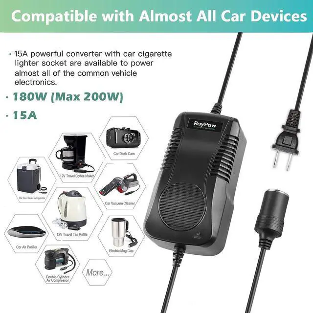 Alt view image 5 of 7 - AC to DC Converter RoyPow 180W (Max 200W) 12V15A Power Supply Adapter Transformer 100V~120V to 11V/12V/13V/14V with Car Cigarette Lighter Socket
