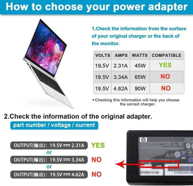 Alt view image 3 of 7 - 45W 19.5V 2.31A Ac Adapter for HP Laptop Charger 741727-001 TPN-C125 HSTNN-LA40 HSTNN-DA40 854054-002 HSTNN-CA40 740015-002 740015-003 740015-004 HP 15-f387wm 15-f272wm 15-f233wm 15-ba009dx 15-r132wm