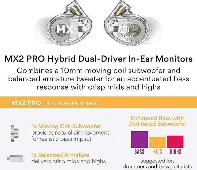 Alt view image 3 of 7 - Professional MX2 PRO Dual-Driver Hybrid Musician's in Ear Monitor Headphones with Dedicated Subwoofer for Realistic Bass, Noise Isolating Earphones with Detachable Cables, Transparent