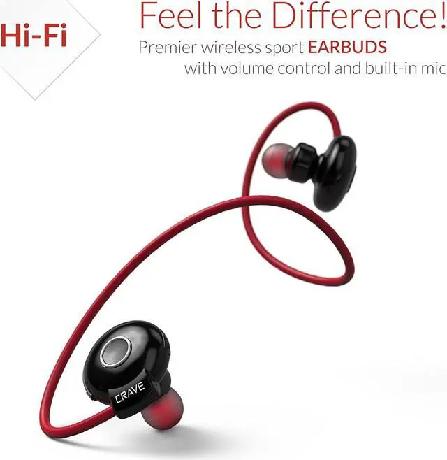 Alt view image 2 of 7 - Crave Octane Sport Wireless Bluetooth Earphones, in-Ear Sweat and Water Resistant Stereo Lightweight Headphones Earbuds Premium Sports Headset with Built-in Mic  Red