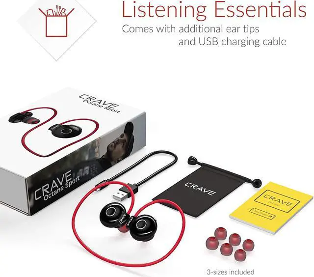 Alt view image 5 of 7 - Crave Octane Sport Wireless Bluetooth Earphones, in-Ear Sweat and Water Resistant Stereo Lightweight Headphones Earbuds Premium Sports Headset with Built-in Mic  Red