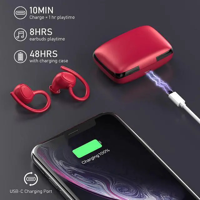 Alt view image 5 of 7 - Wireless Earbud, Bluetooth 5.1 Sport Headphones with IP7 Waterproof, 50H Playtime Bluetooth Earbud Noise Cancelling with Hi-Fi Stereo and Built-in Mic,Running Earphones with Earhooks for Workout Red