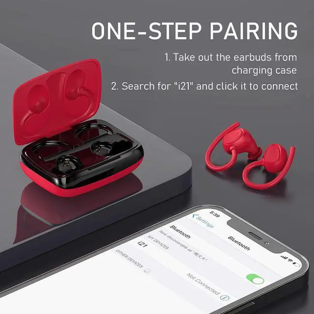 Alt view image 4 of 7 - Wireless Earbud, Bluetooth 5.1 Sport Headphones with IP7 Waterproof, 50H Playtime Bluetooth Earbud Noise Cancelling with Hi-Fi Stereo and Built-in Mic,Running Earphones with Earhooks for Workout Red