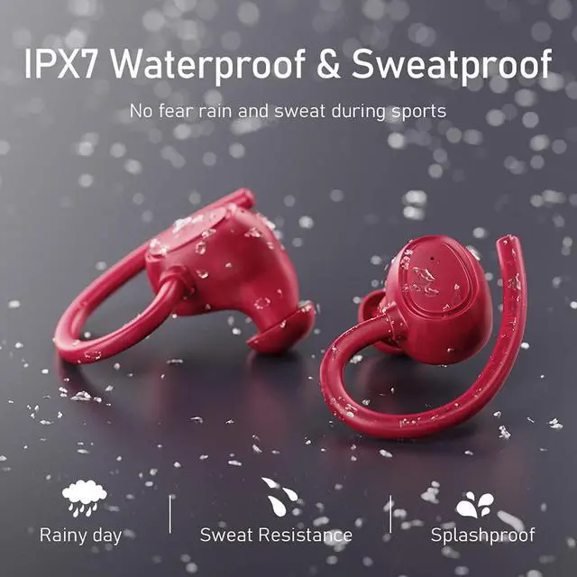 Alt view image 7 of 7 - Wireless Earbud, Bluetooth 5.1 Sport Headphones with IP7 Waterproof, 50H Playtime Bluetooth Earbud Noise Cancelling with Hi-Fi Stereo and Built-in Mic,Running Earphones with Earhooks for Workout Red