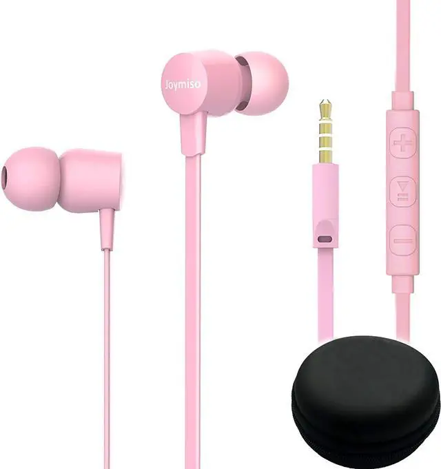 Main image of Joymiso Tangle Free Earbuds for Kids Women Small Ears with Case, Comfortable Lightweight in Ear Headphones, Flat Cable Ear Buds Wired Earphones with Mic and Volume Control for Cell Phone Laptop (Pink)