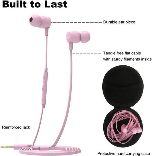 Alt view image 3 of 7 - Joymiso Tangle Free Earbuds for Kids Women Small Ears with Case, Comfortable Lightweight in Ear Headphones, Flat Cable Ear Buds Wired Earphones with Mic and Volume Control for Cell Phone Laptop (Pink)