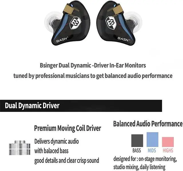 Alt view image 2 of 7 - Bsinger PRO in Ear Monitor Headphones for Musicians, Dynamic Driver Noise Isolating Earphones with 2 Detachable MMCX Cables (Black)