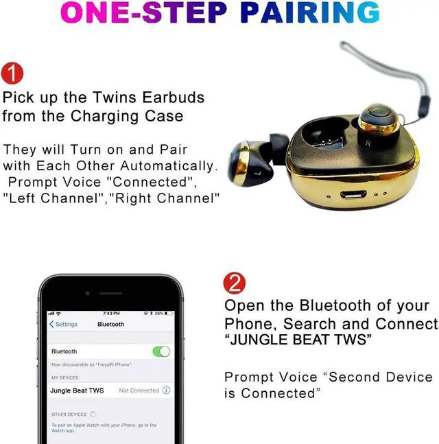 Alt view image 2 of 7 - Jungle Beat | True Wireless Earbuds with Memory Foam Tips Included | Heavy Bass Sweat Proof Bluetooth Dual Earpieces with Microphones & Charging Case 18 HR Playtime | 3D Stereo Sound (Gold)