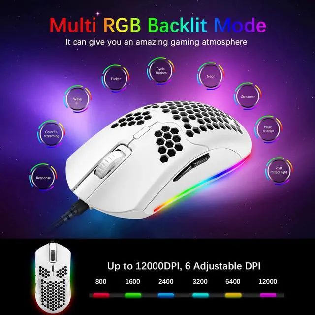 Alt view image 2 of 7 - Lightweight Wired Gaming Mouse with 7 Button 26RGB Backlit Programmable Driver PAW3325 12000 DPI Optical Sensor Ultralight Ergonomic 65G Honeycomb Shell Ultraweave Cable for PC Xbox PS4 Gamer(White)