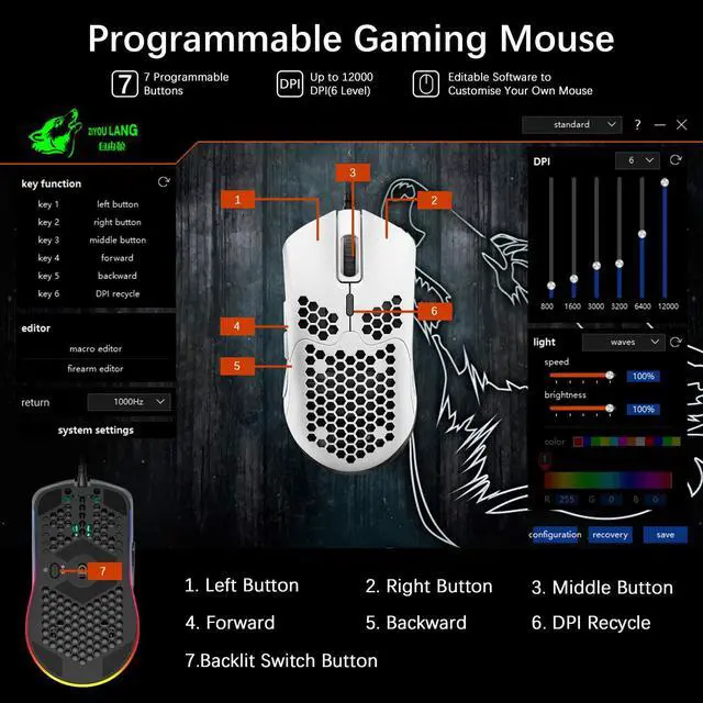 Alt view image 4 of 7 - Lightweight Wired Gaming Mouse with 7 Button 26RGB Backlit Programmable Driver PAW3325 12000 DPI Optical Sensor Ultralight Ergonomic 65G Honeycomb Shell Ultraweave Cable for PC Xbox PS4 Gamer(White)
