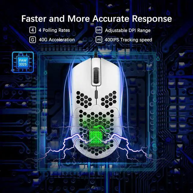 Alt view image 5 of 7 - Lightweight Wired Gaming Mouse with 7 Button 26RGB Backlit Programmable Driver PAW3325 12000 DPI Optical Sensor Ultralight Ergonomic 65G Honeycomb Shell Ultraweave Cable for PC Xbox PS4 Gamer(White)