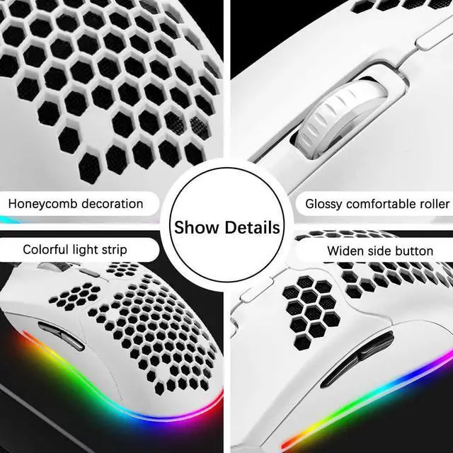 Alt view image 6 of 7 - Lightweight Wired Gaming Mouse with 7 Button 26RGB Backlit Programmable Driver PAW3325 12000 DPI Optical Sensor Ultralight Ergonomic 65G Honeycomb Shell Ultraweave Cable for PC Xbox PS4 Gamer(White)