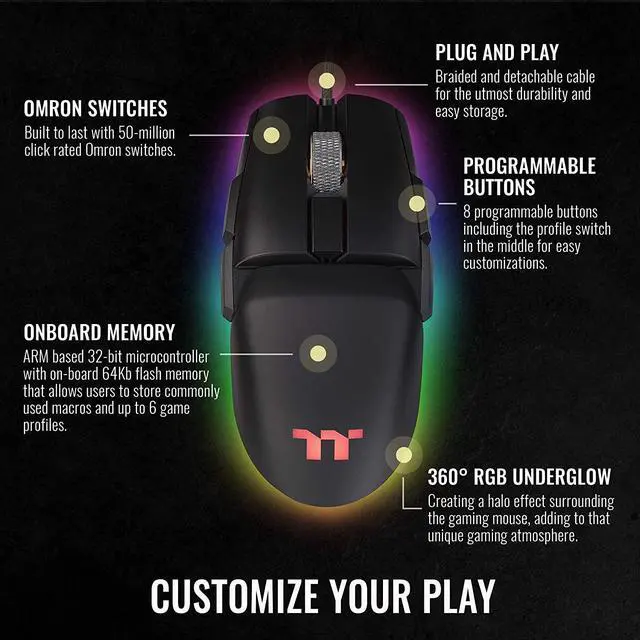 Alt view image 5 of 6 - Thermaltake Argent M5 Gaming Mouse, 16.8M RGB Color Software Enabled, 8 Customizable Dynamic Lighting Effects, PIXART PMW-3389 Optical Sensor, DPI Adjustments Up to 16,000. GMO-TMF-WDOOBK-01