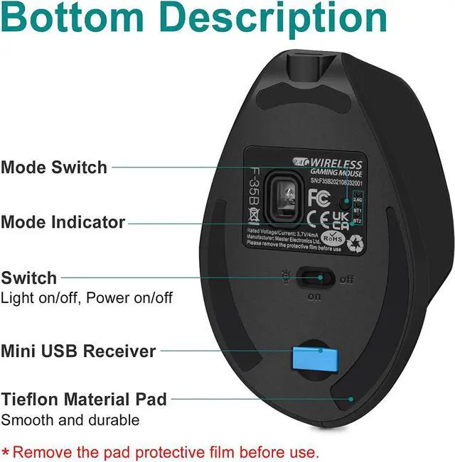 Alt view image 7 of 7 - Wireless Mouse Tri-Mode (BT 5.0/3.0+2.4GHz), TRELC Ergonomic Vertical Mouse with 3 Adjustable DPI, Rechargeable Optical Wireless Mouse for 3 Devices, 7 Buttons for PC, Desktop, Laptop, Tablet (Black)