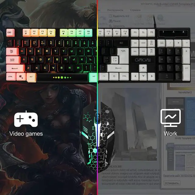 Alt view image 7 of 7 - CHONCHOW Gaming Keyboard and Mouse Combo,USB Wired 104-Keys Full Size Light Up Keyboard Mic 3600DPI Rainbow Backlit Mechanical Feeling Compatible with PC Xbox Mac OS Game and Work