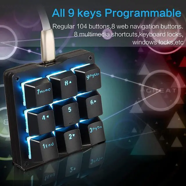 Alt view image 3 of 7 - One Handed Macro Mechanical Keyboard Blue LED Backlit Portable Mini One-Handed Mechanical Gaming Keypad OSU! Keyboard 9 Fully Programmable Keys Black/Blue Switches/Blue LED