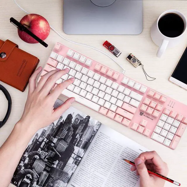 Alt view image 4 of 5 - Qisan Mechanical Gaming Keyboard Full Size 104 Keys US Layout Wired Brown Switch Backlit Keyboard with with Pink & White Color
