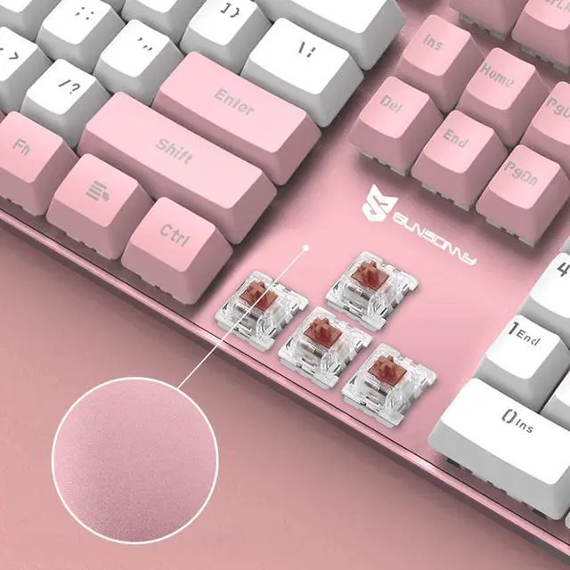 Alt view image 5 of 5 - Qisan Mechanical Gaming Keyboard Full Size 104 Keys US Layout Wired Brown Switch Backlit Keyboard with with Pink & White Color
