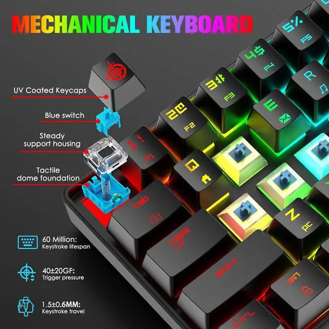 Alt view image 5 of 7 - MAGIC-REFINER 60% Mini Mechanical Keyboard, MK14 Wired Gaming Keyboard with Chroma RGB Backlit,Clicky Blue Switch,NKRO 68Key No-Conflict,Ergonomic with Detachable USB-C Cable for Win/Mac/PC(Black)