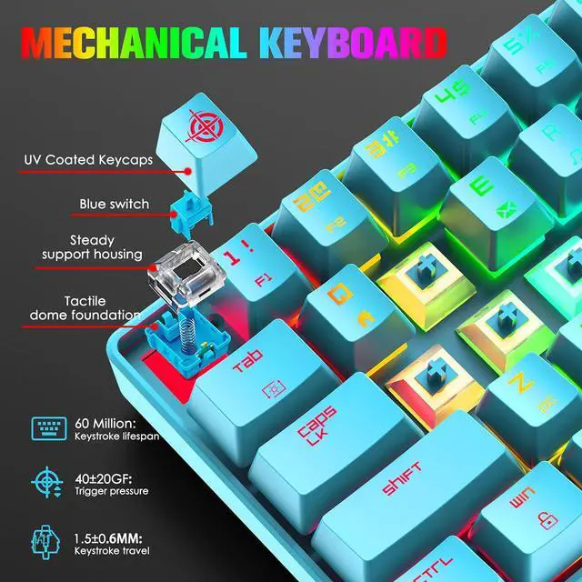 Alt view image 4 of 7 - MAGIC-REFINER 60% RGB Mini Mechanical Gaming Keyboard,Portable 68 Keys,Blue Switches,Detachable USB Type-C Cable,TKL Keyboard with Two Keycaps for Windows Gaming PC(Blue)
