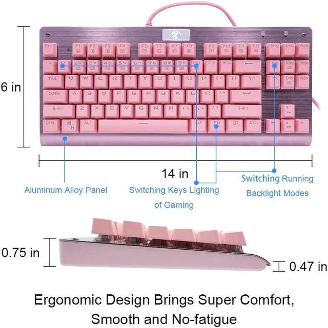 Alt view image 5 of 5 - Granvela MechanicalEagle Z-77 Mechanical Keyboard | Aluminium Panel | Tactile Clicky Blue Switches | Rainbow LED Backlit | N-Key Rollover | 87-Key Tenkeyless | Hot Swappable - Pink