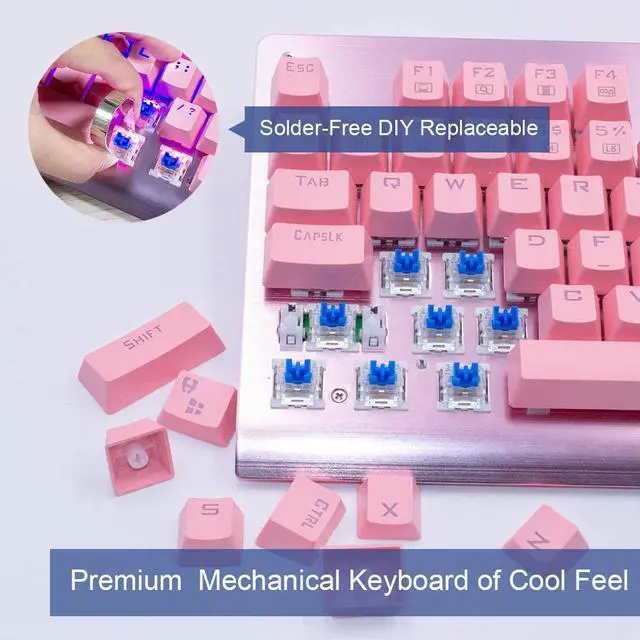Alt view image 4 of 5 - Granvela MechanicalEagle Z-77 Mechanical Keyboard | Aluminium Panel | Tactile Clicky Blue Switches | Rainbow LED Backlit | N-Key Rollover | 87-Key Tenkeyless | Hot Swappable - Pink