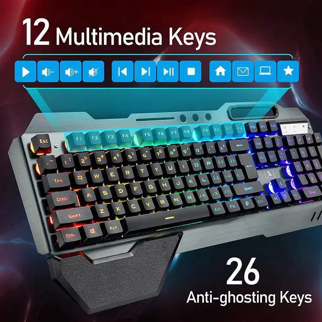 Alt view image 6 of 7 - Wireless Gaming Keyboard and Mouse with Rainbow LED 16RGB Backlit Rechargeable 4800mAh Battery Metal Panel Mechanical Ergonomic Feel Waterproof Dustproof 7 Color Mute Mice for Laptop PC Gamer(Black)