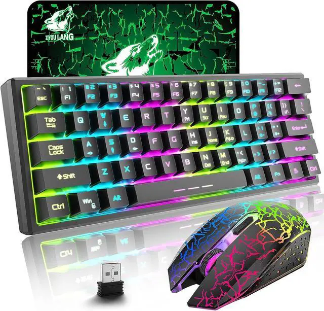 Main image of ZIYOU LANG T61 Wireless Gaming Keyboard and Mouse Combo with Ergonomic 61 Key Rainbow LED Backlight Anti-ghosting Mechanical Feel Rechargeable 4000mAh Battery Mouse Pad for PC MAC Gamer Typists(Black)