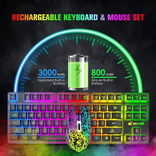 Alt view image 5 of 7 - Wireless Gaming Keyboard and Mouse Combo,Rainbow Backlit Rechargeable 3800mAh Battery,87 Keys Mechanical Feel Ergonomic Waterproof Keyboard,RGB Gaming Mute Mouse and Mousepad for PC Gamers (Black)