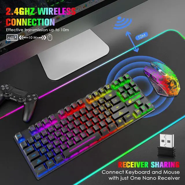 Alt view image 2 of 7 - Wireless Gaming Keyboard and Mouse Combo,Rainbow Backlit Rechargeable 3800mAh Battery,87 Keys Mechanical Feel Ergonomic Waterproof Keyboard,RGB Gaming Mute Mouse and Mousepad for PC Gamers (Black)