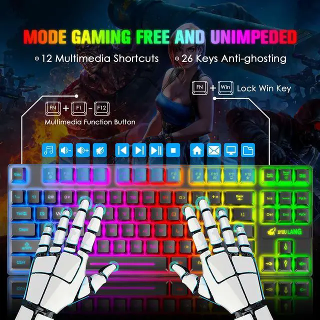 Alt view image 3 of 7 - Wireless Gaming Keyboard and Mouse Combo,Rainbow Backlit Rechargeable 3800mAh Battery,87 Keys Mechanical Feel Ergonomic Waterproof Keyboard,RGB Gaming Mute Mouse and Mousepad for PC Gamers (Black)